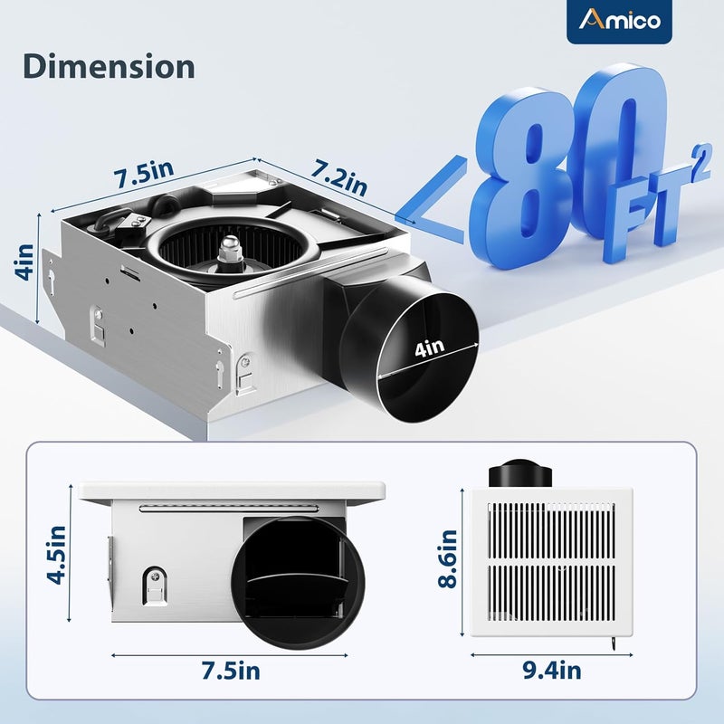 Amico مروحة شفط الحمام 2 حزمة، 80 CFM، 1.0 سون، ضوضاء منخفضة، سهلة التركيب، مروحات تهوية مثبتة على السقف، لا حاجة للوصول إلى العلية - معتمدة من UL - Image 2
